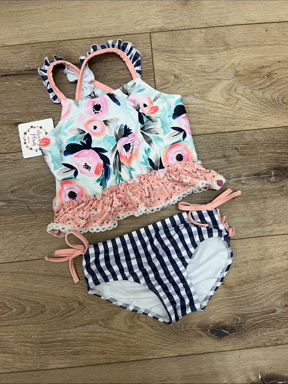 Cheeky Plum Calypso Swim Set Floral Ruffle Tankini Top & Navy Gingham Bottoms